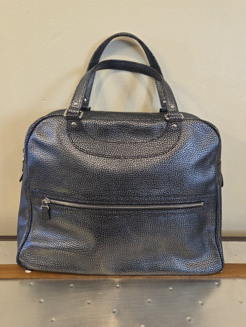 Jacques Le Corre Paris Blk Silver Pebbled Leather Lisbon Large Satchel Tote Bag